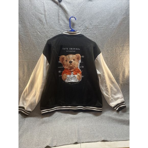 VARSITY Jacket M Black Alaska CUTE Criminal BEAR Arrested Logo Back Streetwear - Picture 1 of 7